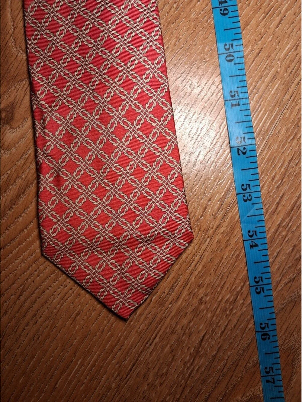 VINTAGE Hermes 100% Silk Tie Red Gold Chains Made In France